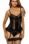 Gold Lace Detail Black Satin Bustier Lingerie Set