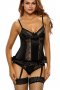 Gold Lace Detail Black Satin Bustier Lingerie Set