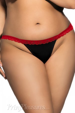 Plus Size Black Open Back Panty with Red Lace