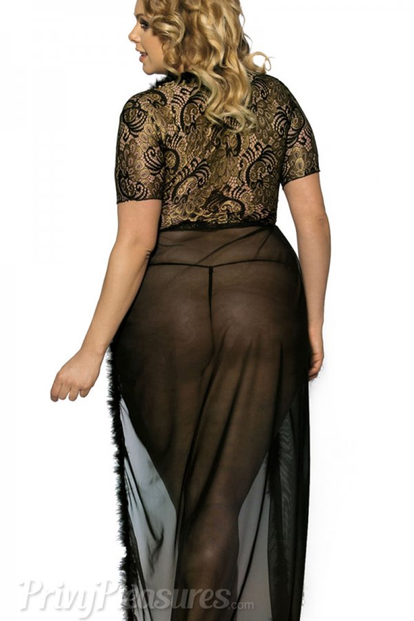 Black Glam Night Robe with Fur Trim - Plus Size