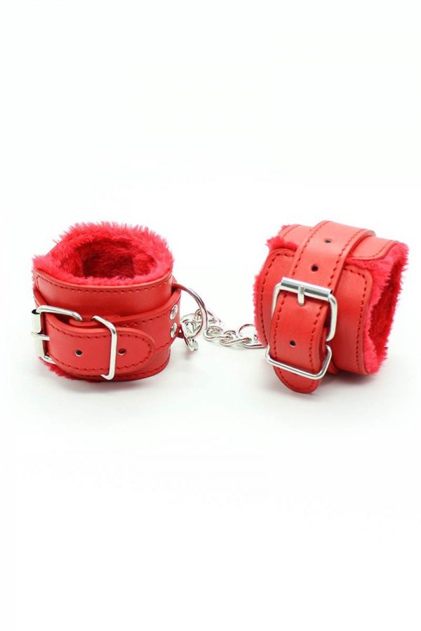 Red Leather Fur Lined Sensual Handcuffs