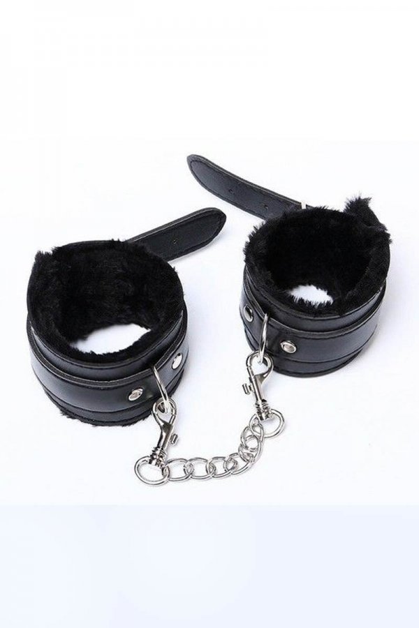 Black Leather Fur Lined Sensual Handcuffs