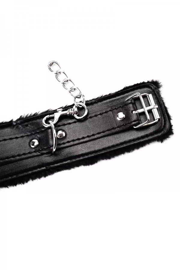 Black Leather Fur Lined Sensual Handcuffs