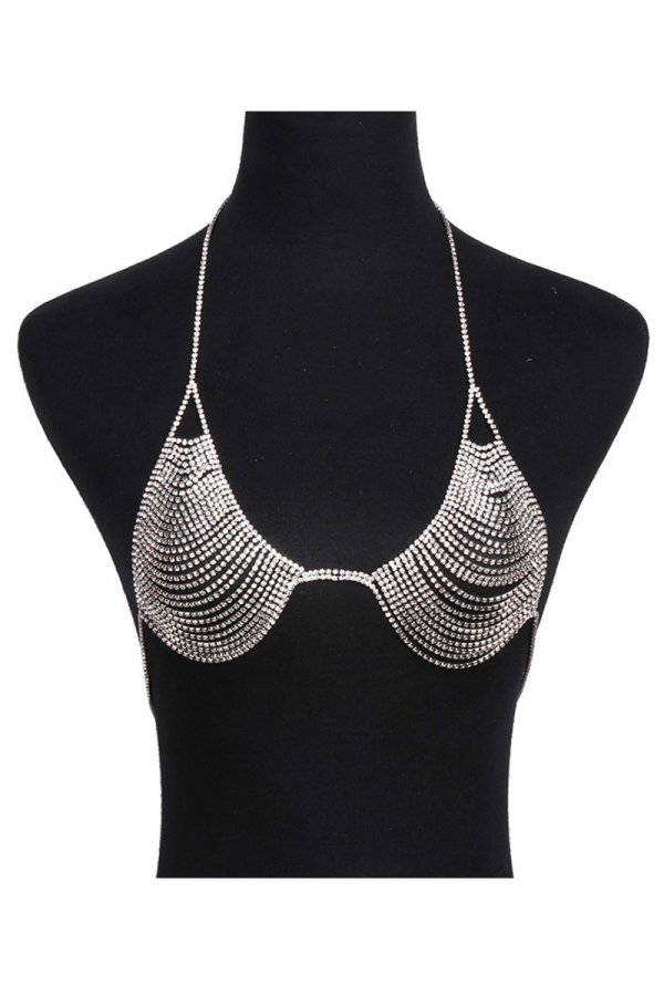 Shiny Rhinestone Mesh Jewellary Bra - Silver