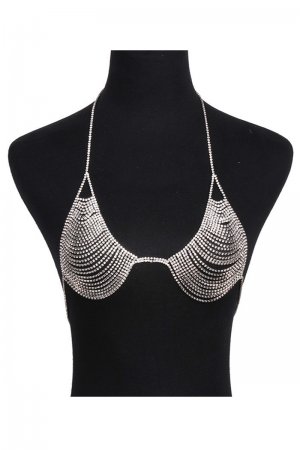 Shiny Rhinestone Mesh Jewellary Bra - Silver