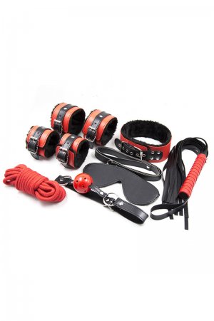 Red Black BDSM Kit with Fur 7 Piece
