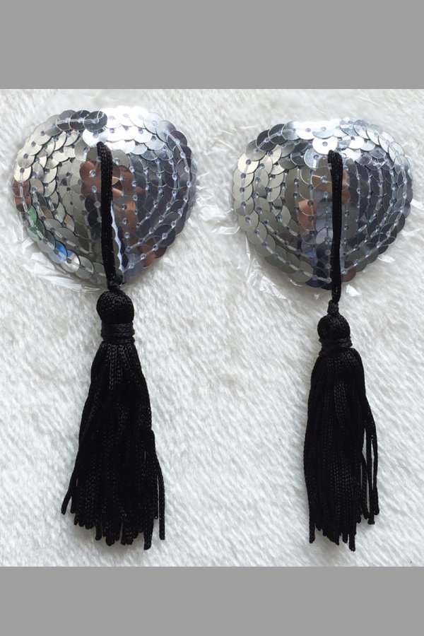 Sequin Nipple Covers with Tassel - Silver