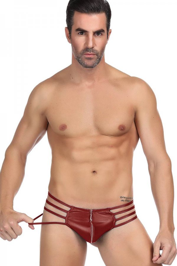 Leather Thong with Zipper for Man