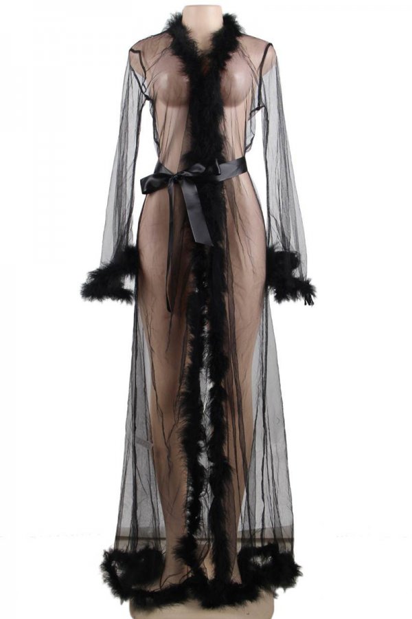 Long Black Sheer Robe with Fur Trim