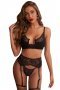 3pcs Black Lace Half Cup Bralette Set with Garter