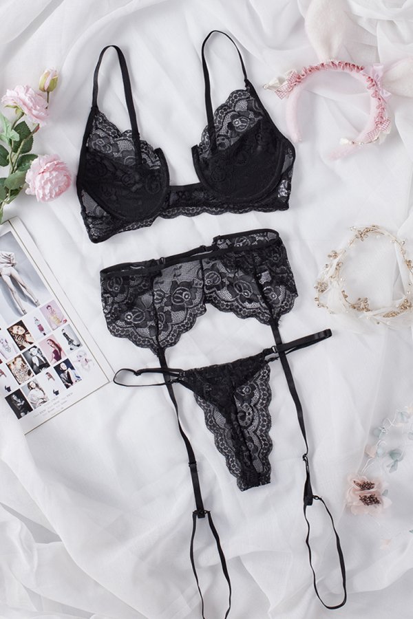 3pcs Black Lace Half Cup Bralette Set with Garter