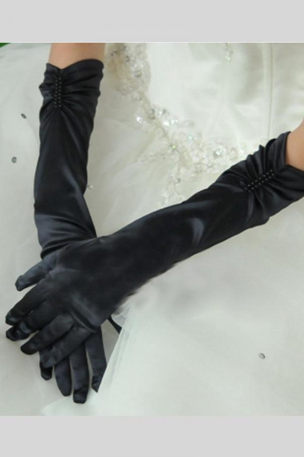 Black Elbow Length Pearl Satin Gloves