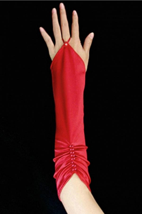 Red Fingerless Pleated Elbow Length Satin Gloves