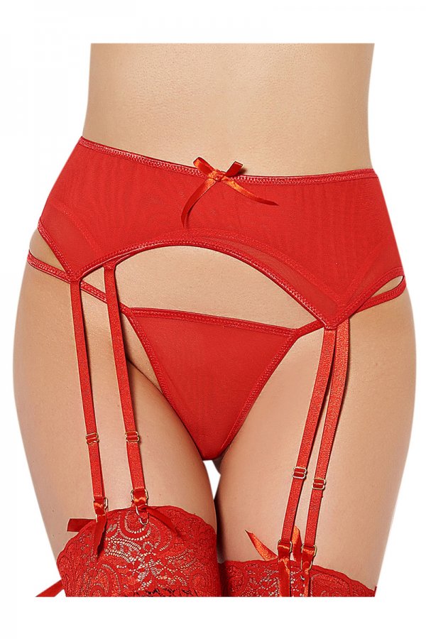 Red Double Layered Mesh Garter Belt with Thong