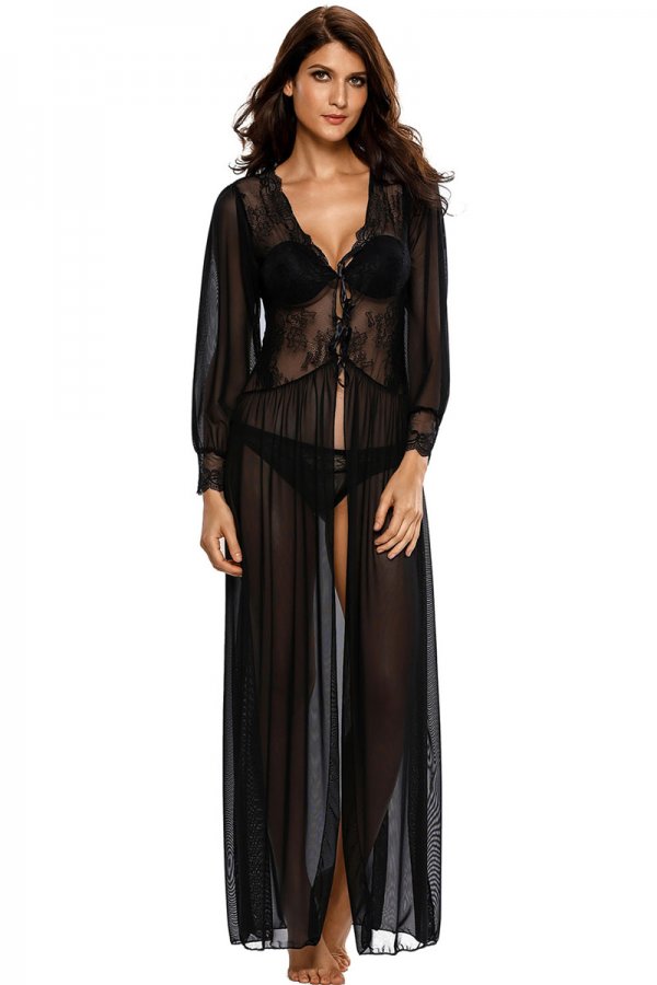 Sheer Long Sleeve Lace Robe with Thong